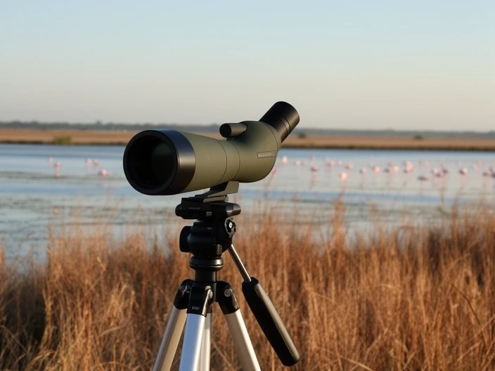 Telescopio sobre trípode apuntando a una laguna con flamencos