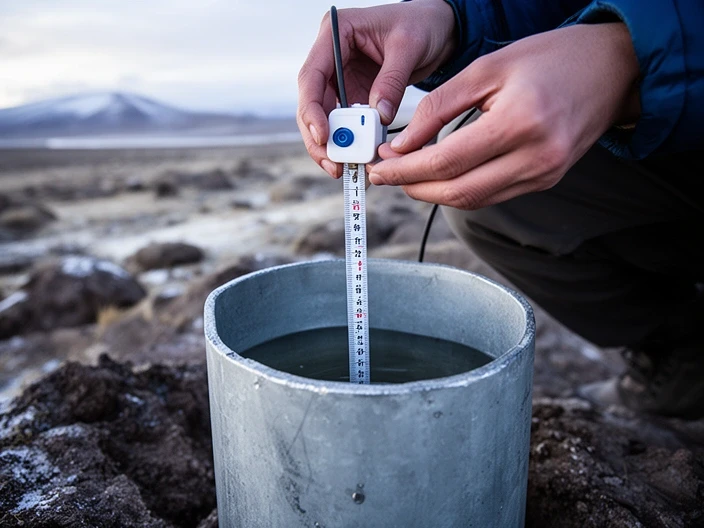 Hidrogeólogo bajando una sonda de nivel en un piezómetro al costado de un salar